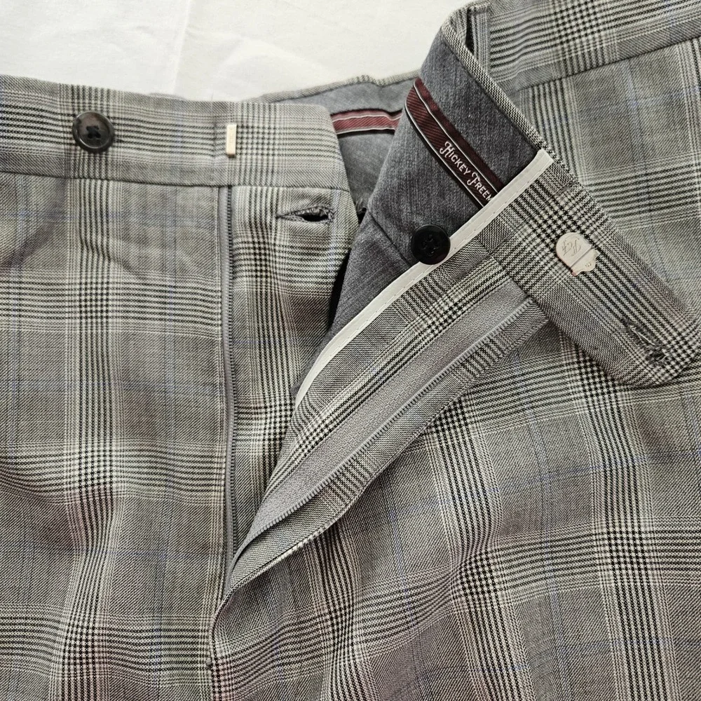 Hickey Freeman Suit Set Mens 46L 36x30 Grey Glen Plaid Wool Business Formal USA